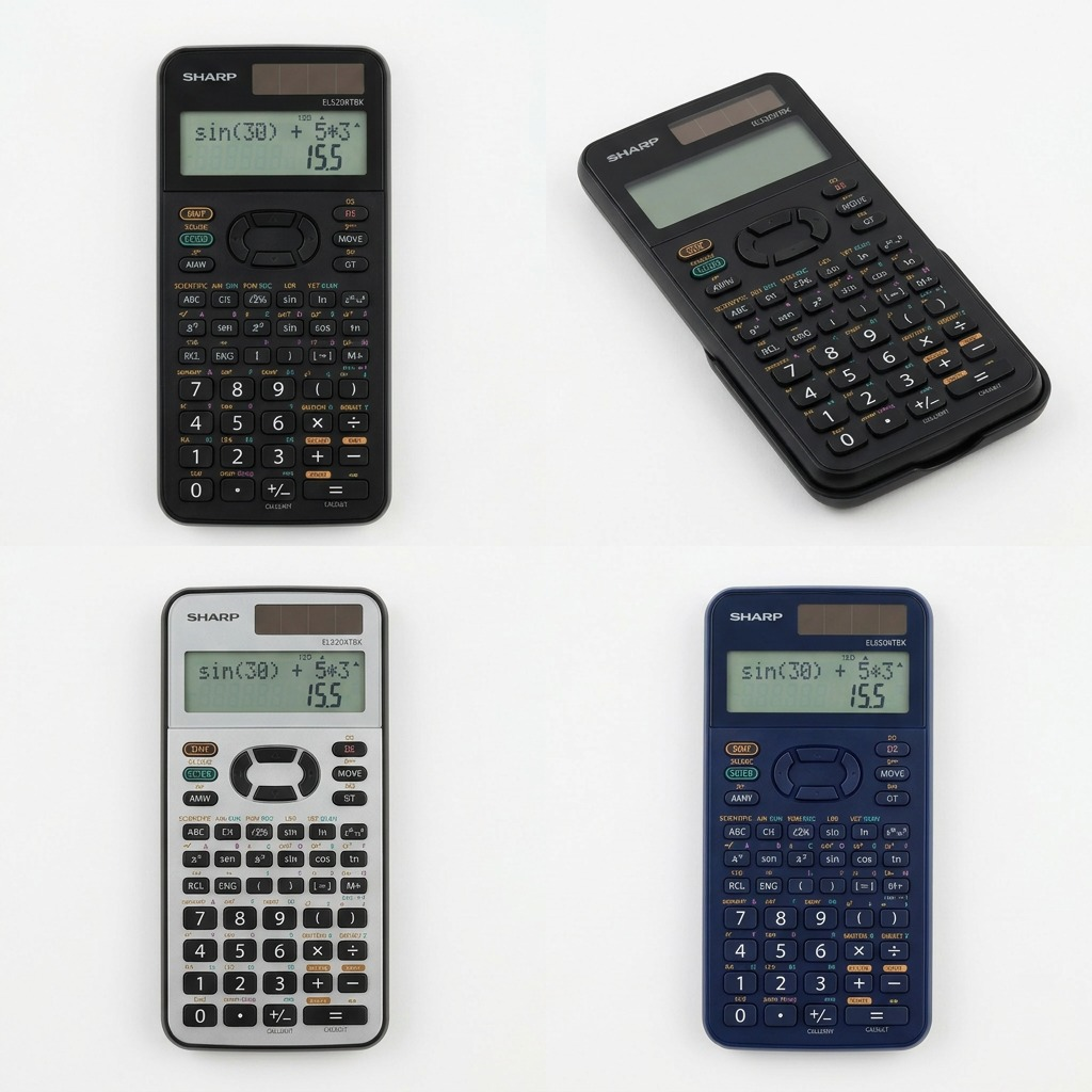 Matrix showing a black canonical and virtual silver and blue Sharp EL520XTBK calculators.