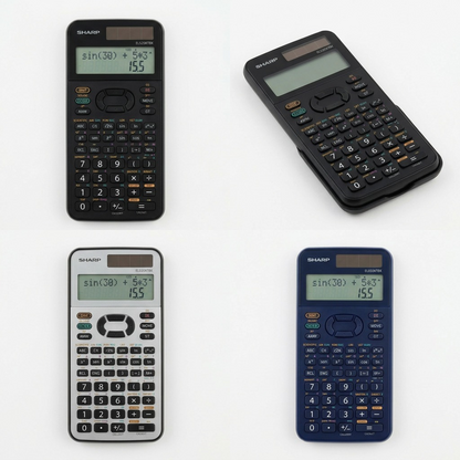 Matrix showing a black canonical and virtual silver and blue Sharp EL520XTBK calculators.