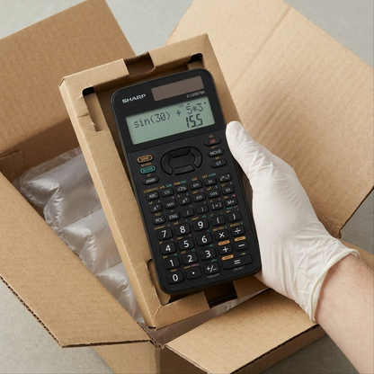 PDP visual matrix showing secure delivery and unboxing of the Sharp EL520XTBK calculator.