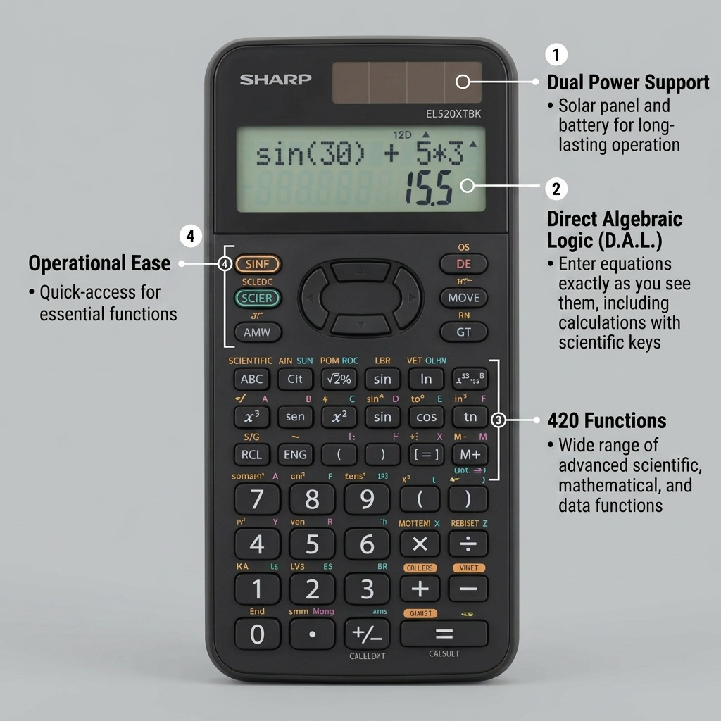~ Sharp EL520XTBK scientific calculator, displaying 'sin(30)+5*3^' on its two-line input screen, with results below, highlights operational features like Direct Algebraic Logic and Dual Power Support with pointers and bulleted descriptions.