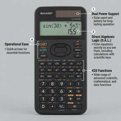 ~ Sharp EL520XTBK scientific calculator, displaying 'sin(30)+5*3^' on its two-line input screen, with results below, highlights operational features like Direct Algebraic Logic and Dual Power Support with pointers and bulleted descriptions.