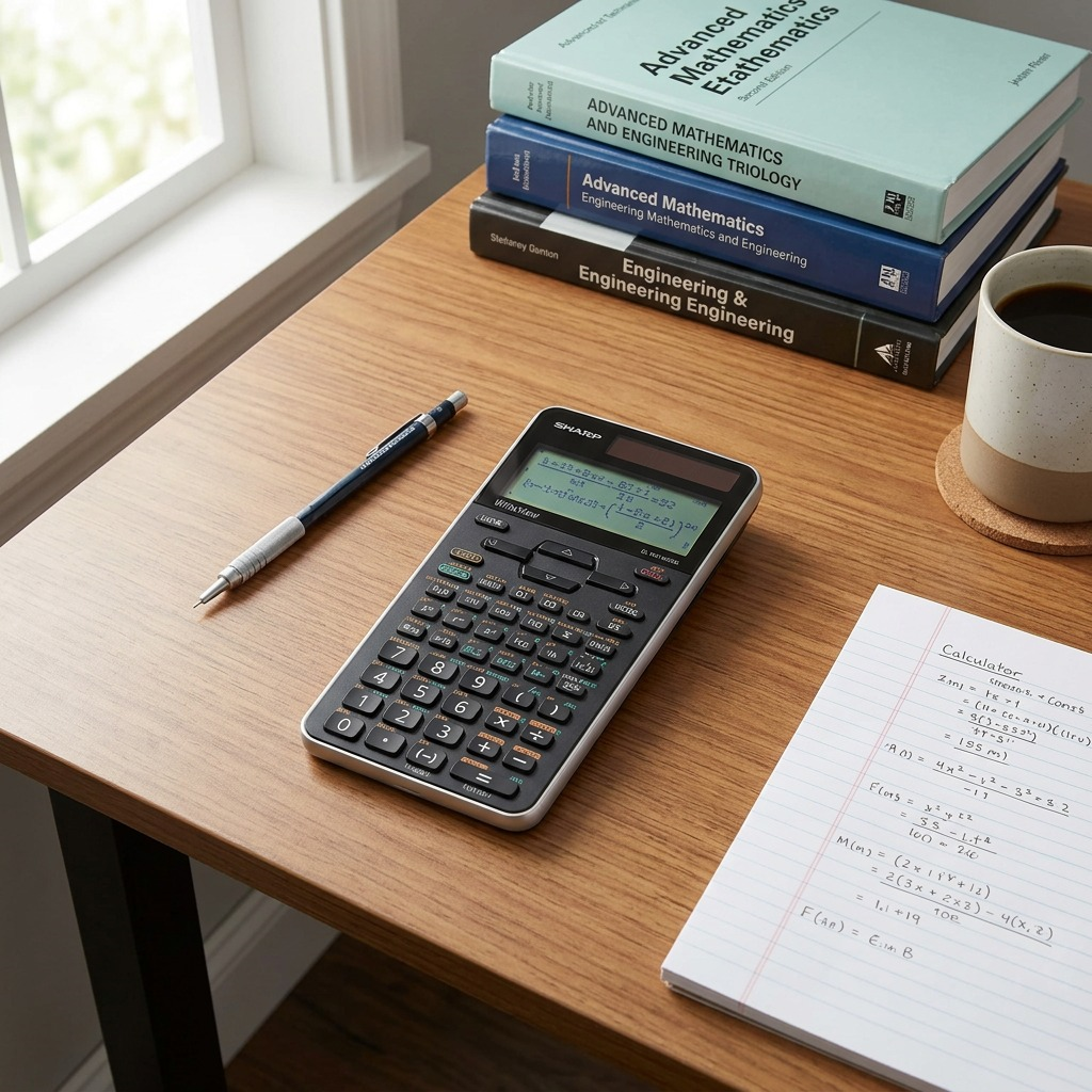 Calculator is on an engineering desk, surrounded by a laptop, technical drawings, blue prints and a pen.