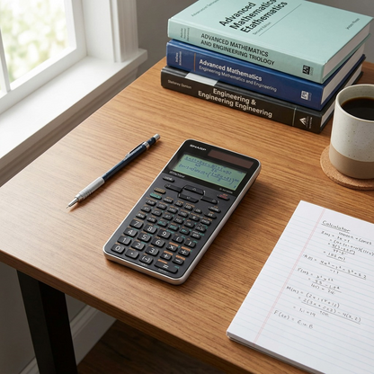 Calculator is on an engineering desk, surrounded by a laptop, technical drawings, blue prints and a pen.