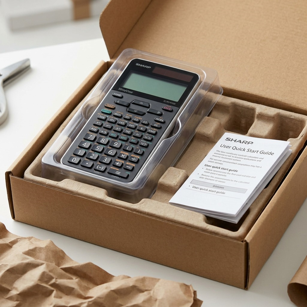 Sharp ELW516XGSL calculator safely packaged for shipping in a cardboard box with molded pulp cushioning, reducing damage anxiety.