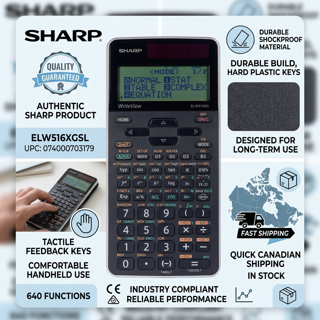 Trust infographic featuring a Sharp ELW516XGSL calculator, icons for durable build, compliant performance, and fast Canadian shipping.