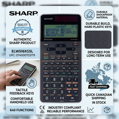 Trust infographic featuring a Sharp ELW516XGSL calculator, icons for durable build, compliant performance, and fast Canadian shipping.