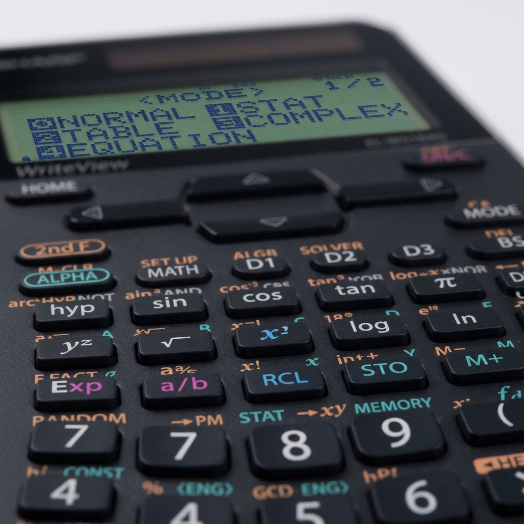 Macro close-up of a SHARP ELW516XGSL calculator's matrix display and function keys, highlighting the dot-matrix quality.