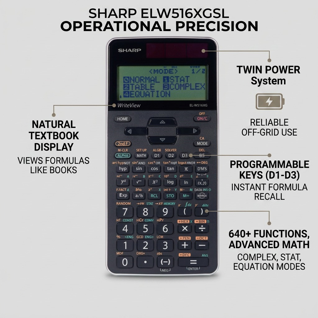 Ecommerce feature graphic for Sharp ELW516XGSL calculator, highlighting twin power, WriteView display, D1-D3 keys, and 640+ functions.