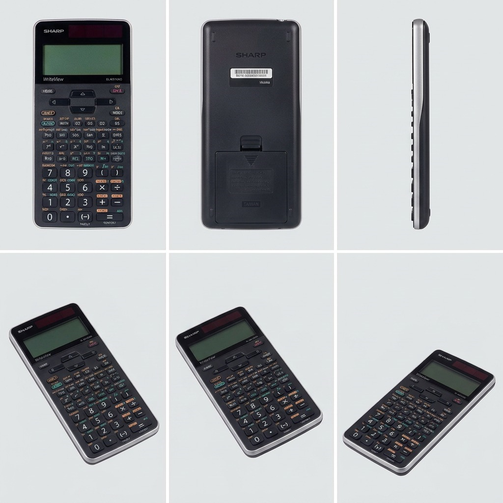 A 3x2 matrix on a light gray background, showing the SHARP ELW516XGSL scientific calculator from multiple precise angles including front, back, profile, and three-quarter views.