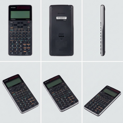 A 3x2 matrix on a light gray background, showing the SHARP ELW516XGSL scientific calculator from multiple precise angles including front, back, profile, and three-quarter views.