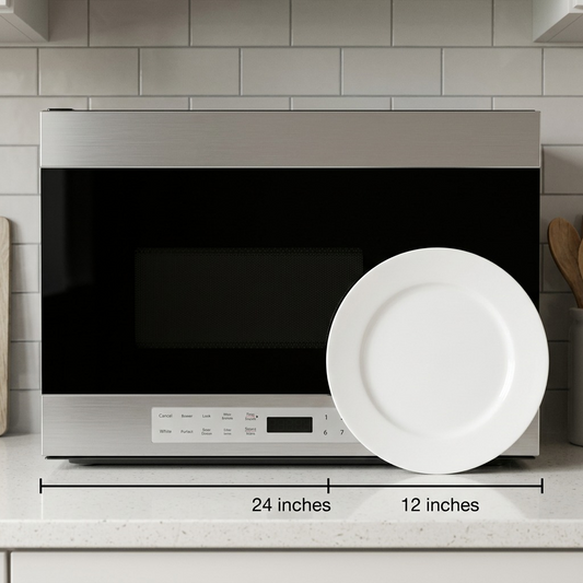 A photorealistic scale reference image showing the the 24-inch sharp over-the-range microwave next to a standard 12-inch ceramic dinner plate on a quartz kitchen counter.