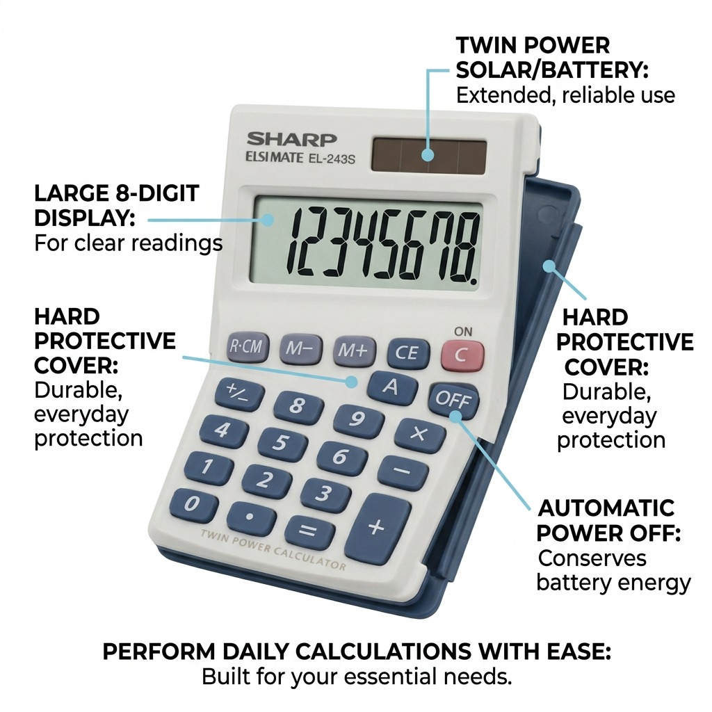 Handheld electronic calculator with protective cover and solar/battery power.