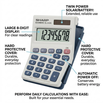 Handheld electronic calculator with protective cover and solar/battery power.