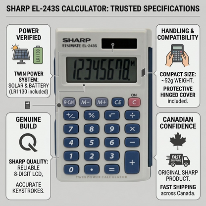 Sharp EL-243S calculator trust infographic with key specs: 8-digit, twin power, compact, and fast Canadian shipping.