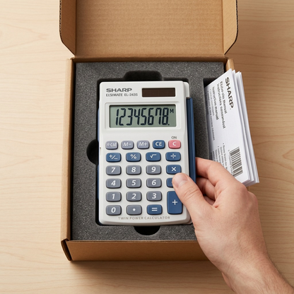 A SHARP EL243S calculator (image_0.png) is shown snugly unboxed, nestled in custom protective foam.