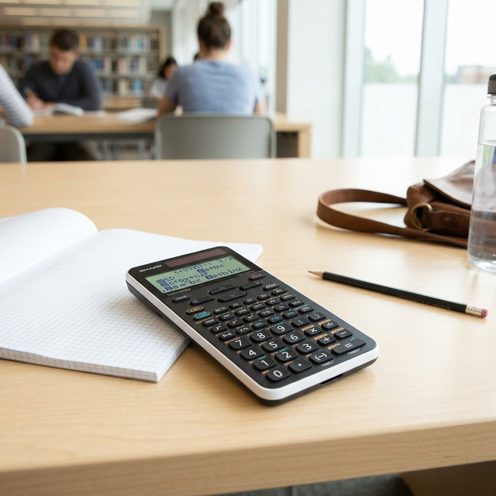 A lifestyle image of the SHARP EL-W535XG-WH calculator and a notebook on a college library desk.