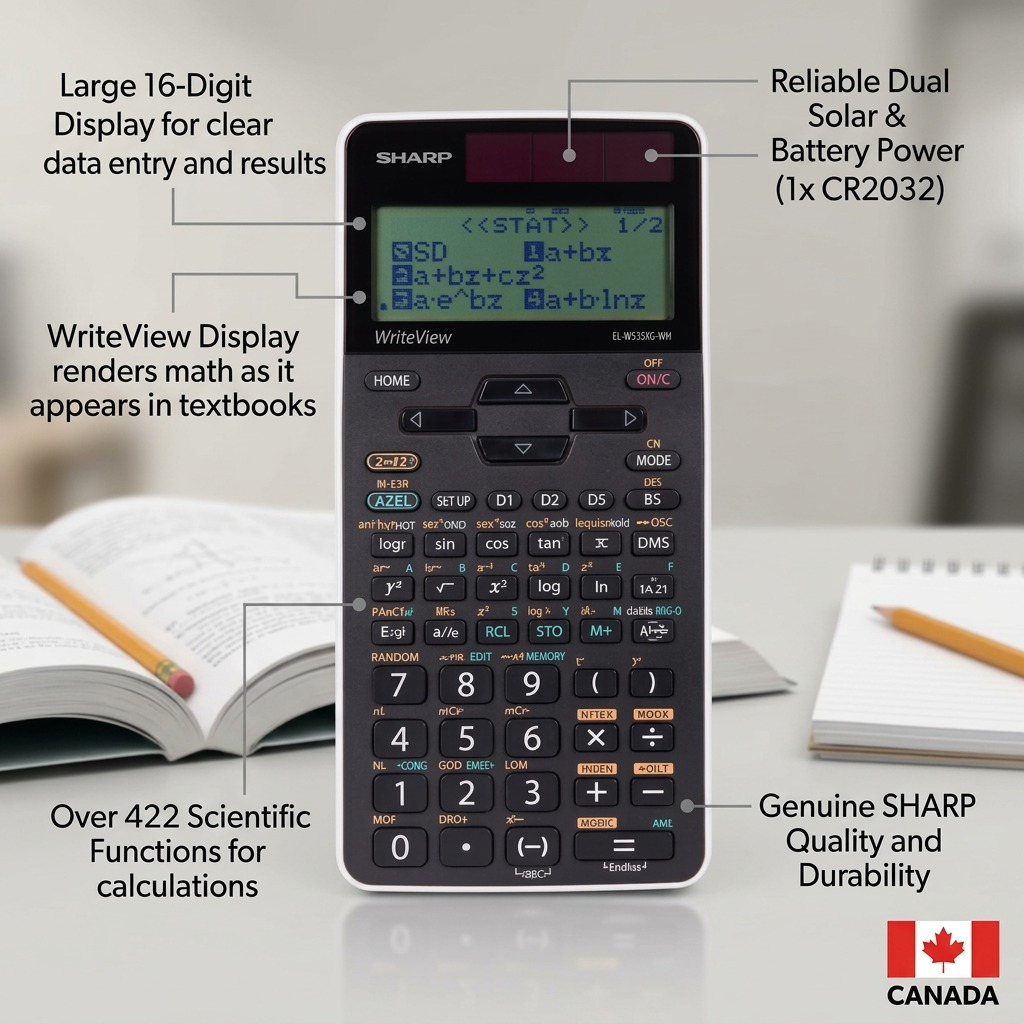 Operational features of Sharp EL-W535XG-WH calculator, highlighting functions, dual power, and display.