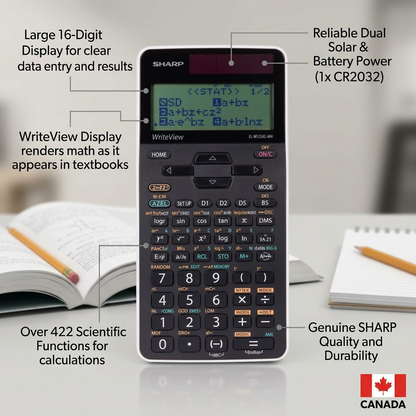 Operational features of Sharp EL-W535XG-WH calculator, highlighting functions, dual power, and display.