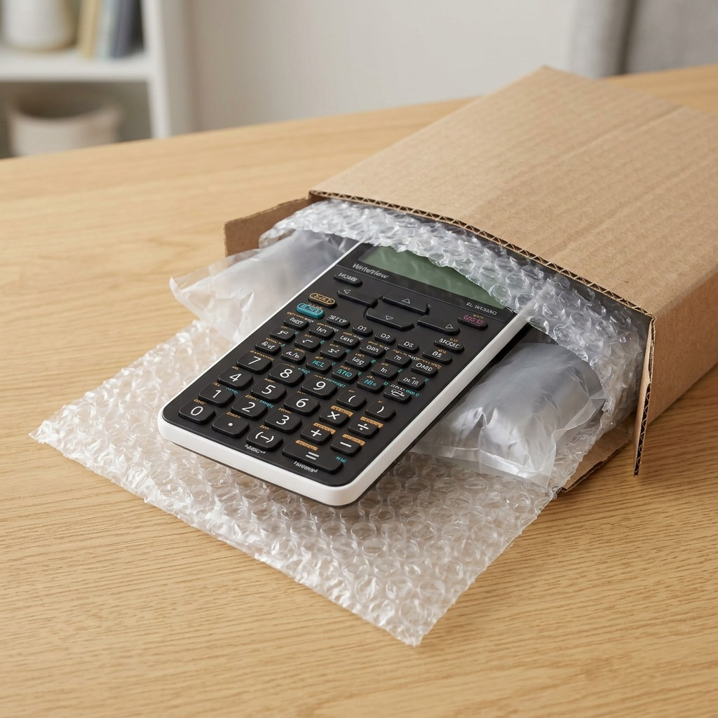 A photo of the Sharp ELW535XGWH scientific calculator safely packaged in bubble wrap and a box.