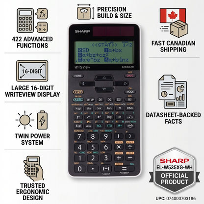 Infographic matrix for the Sharp EL-W535XG-WH calculator, highlighting functions and trust cues.