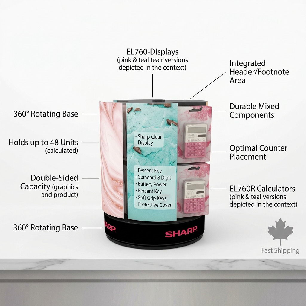 A retail counter feature graphic of the SHARP EL760 rotating calculator display with key feature callouts.