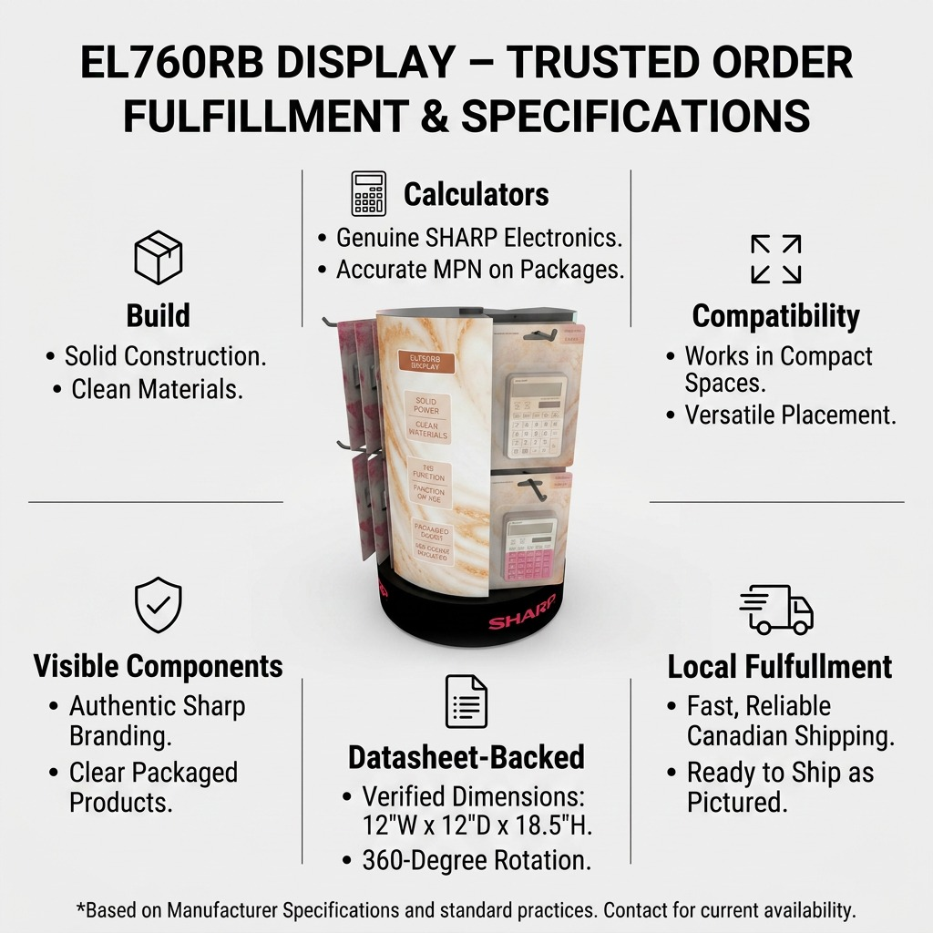 Confidential e-commerce graphic for Sharp counter display, highlighting build, specs, and local shipping.