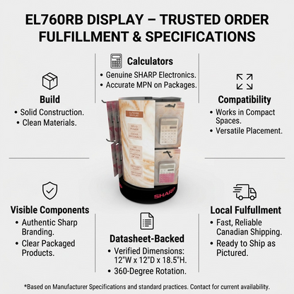 Confidential e-commerce graphic for Sharp counter display, highlighting build, specs, and local shipping.