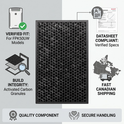 Infographic for Sharp FZK50DFU carbon filter showing product specifications, fit, and fast Canadian shipping.