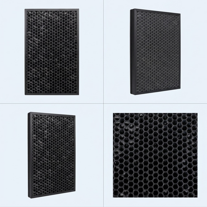 PDP visual matrix showcasing the SHARP FZK50DFU Active Carbon Filter from three diverse angles in a grid.