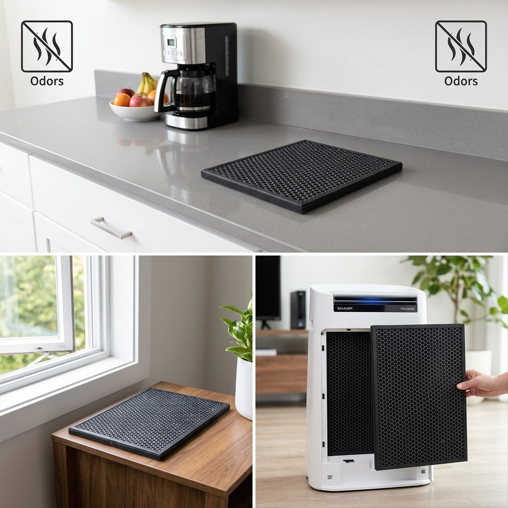 A context shot showing the carbon filter from image_0.png in natural light near an air purifier.