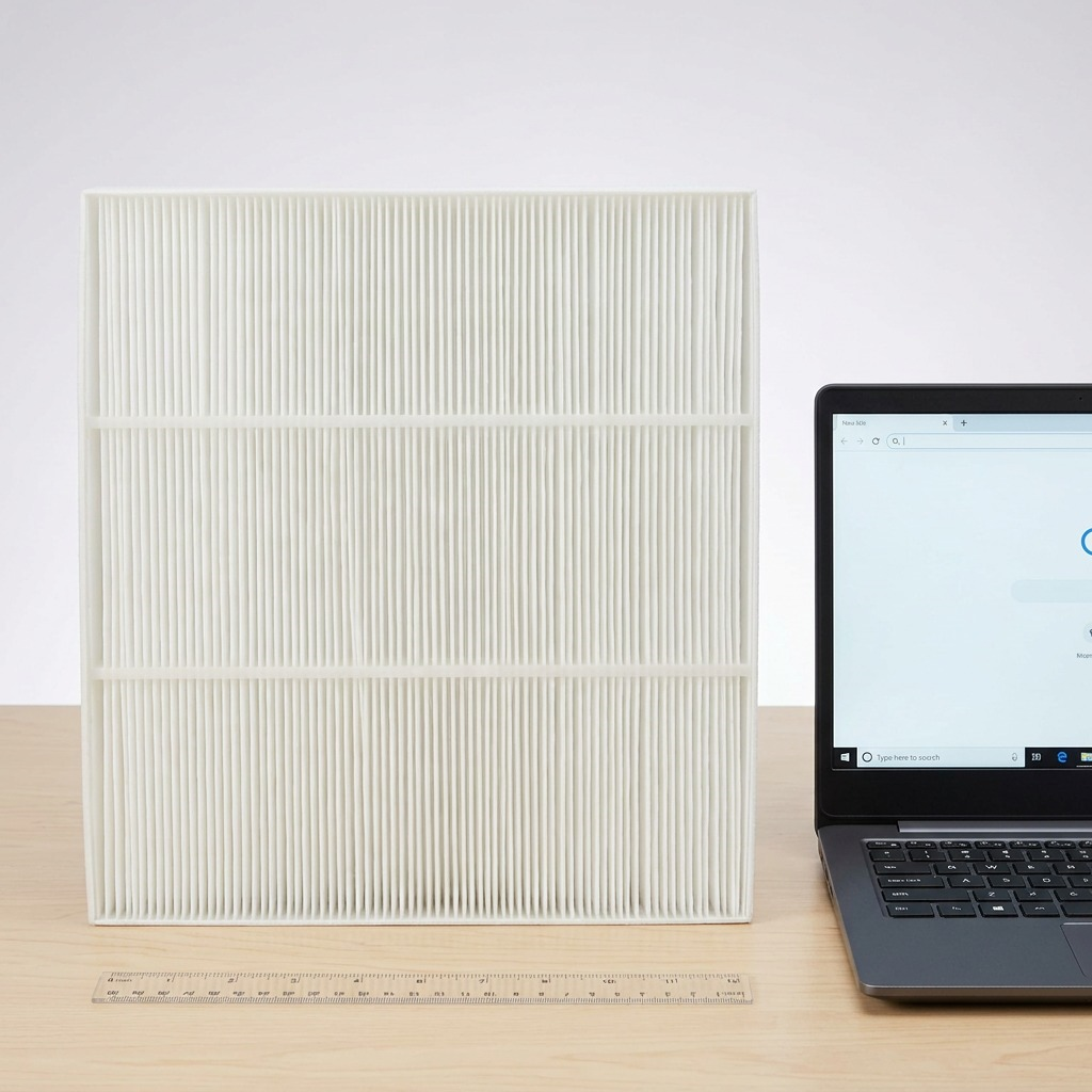 Sharp FZA28HFU HEPA filter shown next to a standard laptop to visually communicate its size.