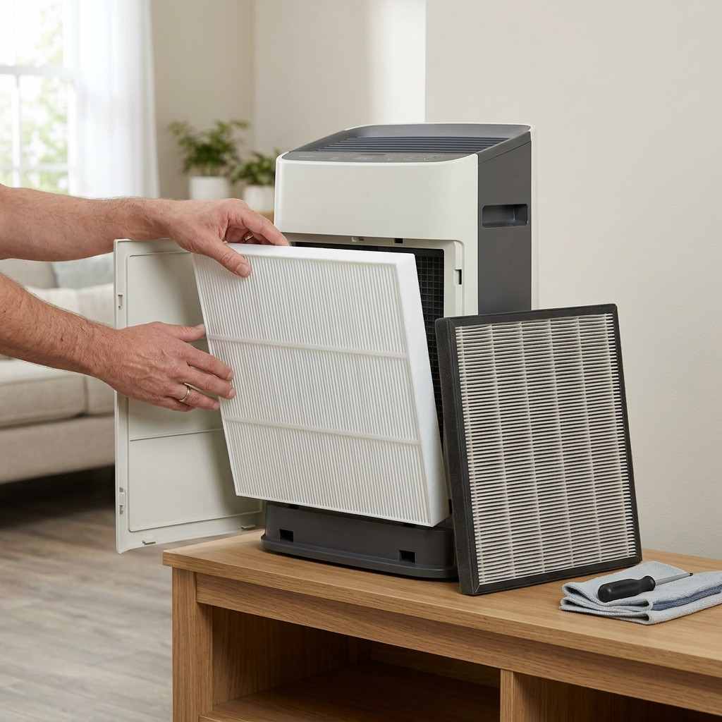 A detailed. close-up shot of the fresh SHARP FZA28HFU HEPA filter being placed into a Sharp air purifier, contrasting with a nearby used, dusty filter.