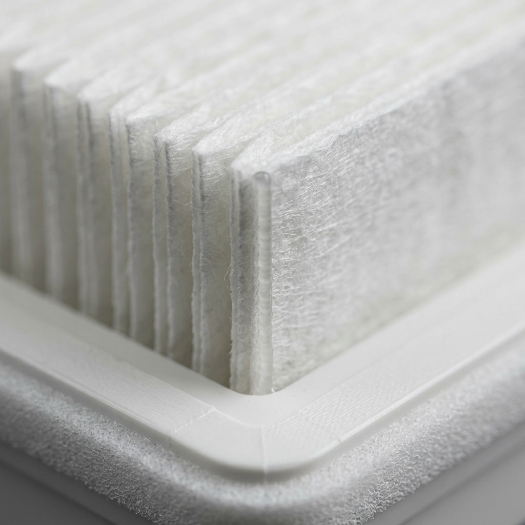 A macro photograph displaying the intricate pleats, fine fibers, and glue bead of the Sharp FZA28HFU HEPA filter.