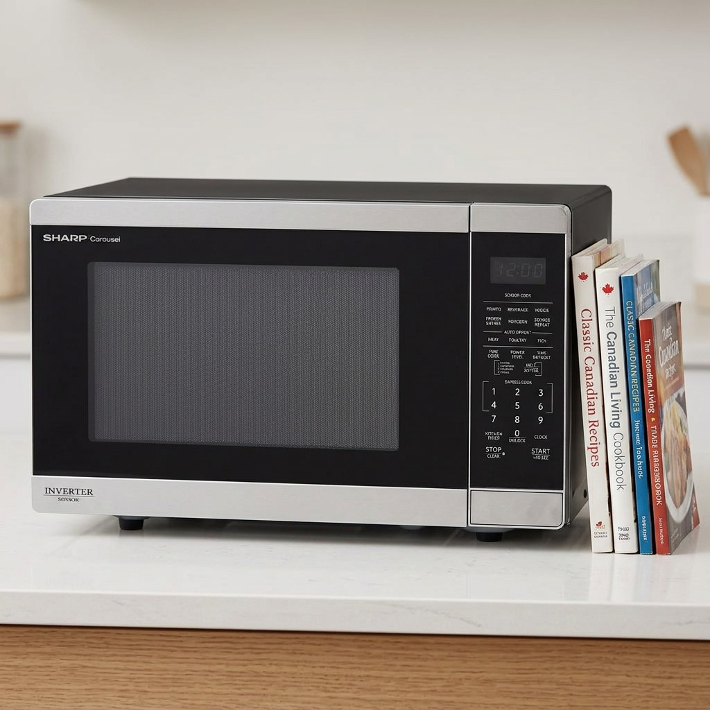 A visually accurate scale reference image showing the SHARP SMC1464KSC microwave oven next to a stack of everyday Canadian cookbooks on a kitchen counter.