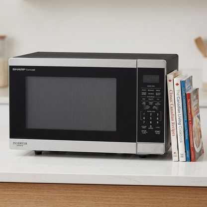 A visually accurate scale reference image showing the SHARP SMC1464KSC microwave oven next to a stack of everyday Canadian cookbooks on a kitchen counter.