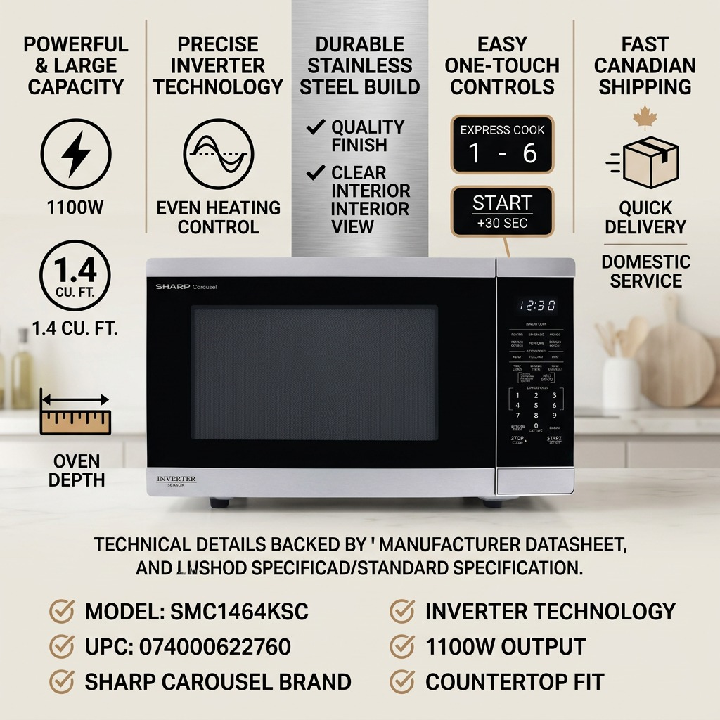 A trust infographic displaying the SHARP SMC1464KSC microwave with its key features and specifications.
