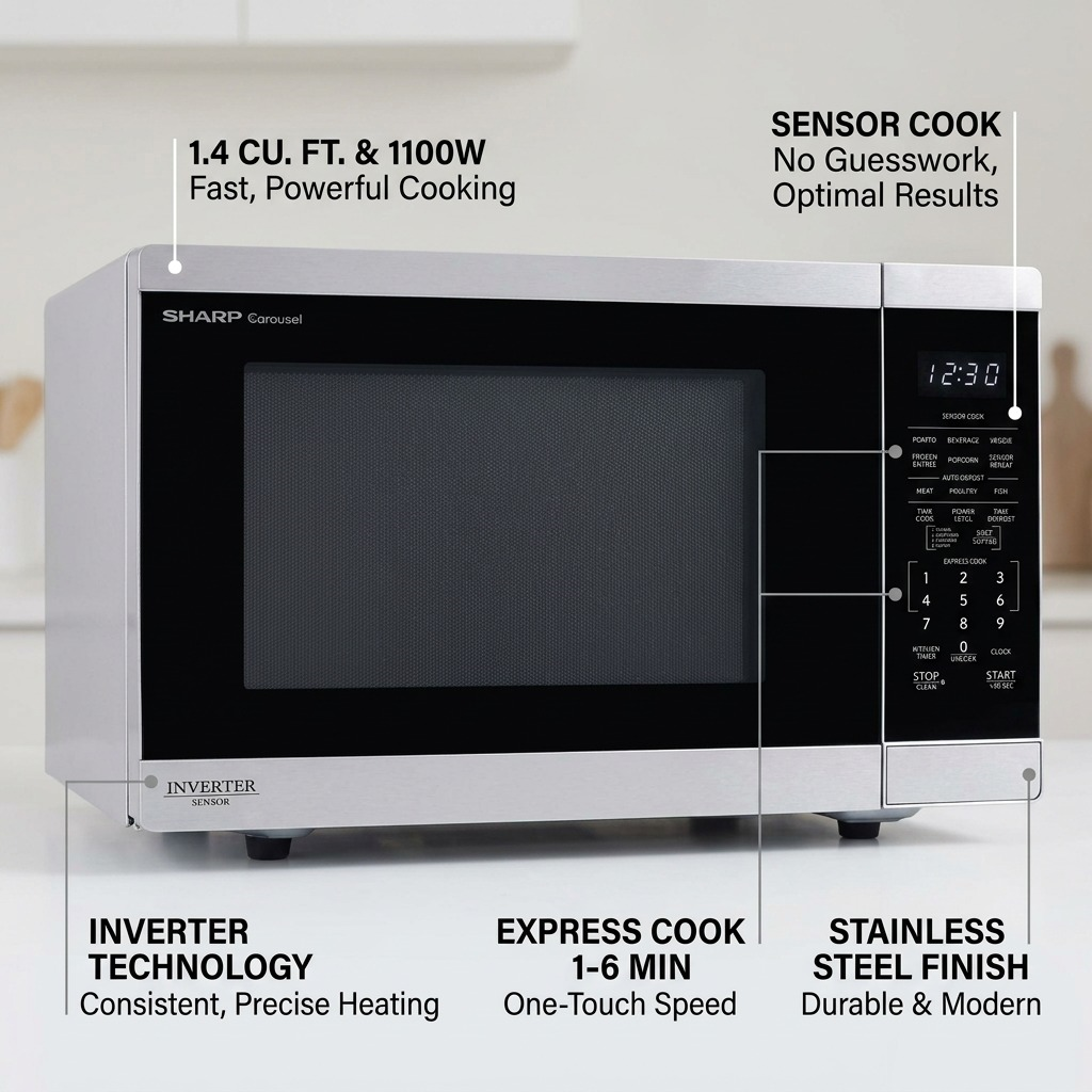 Operational feature callout graphic for SHARP SMC1464KSC microwave, detailing Inverter, Sensor Cook, and powerful capabilities.