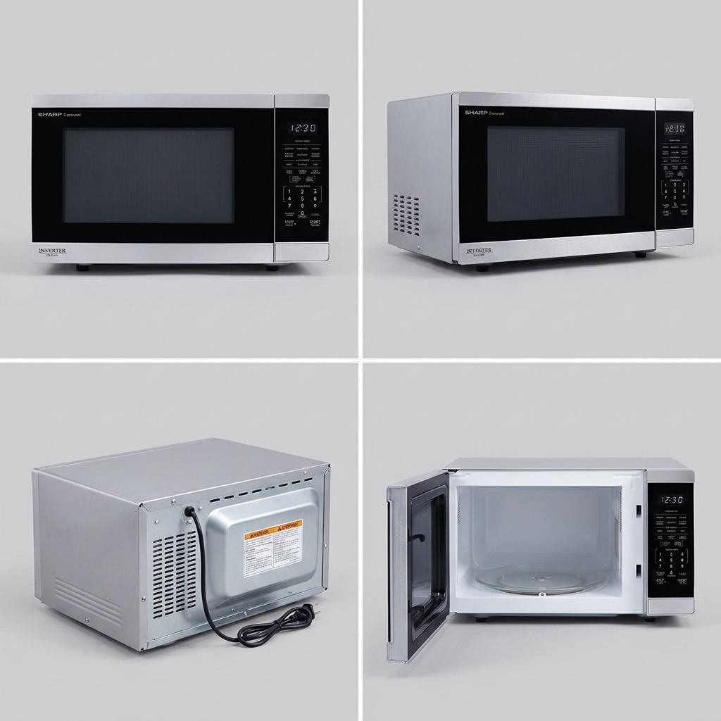 A premium ecommerce matrix image displaying the SHARP SMC1464KSC microwave from four distinct, useful angles.