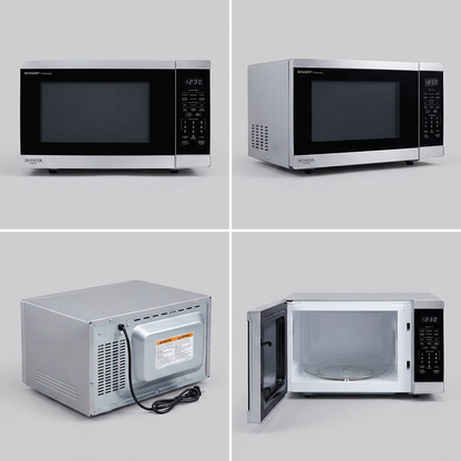 A premium ecommerce matrix image displaying the SHARP SMC1464KSC microwave from four distinct, useful angles.