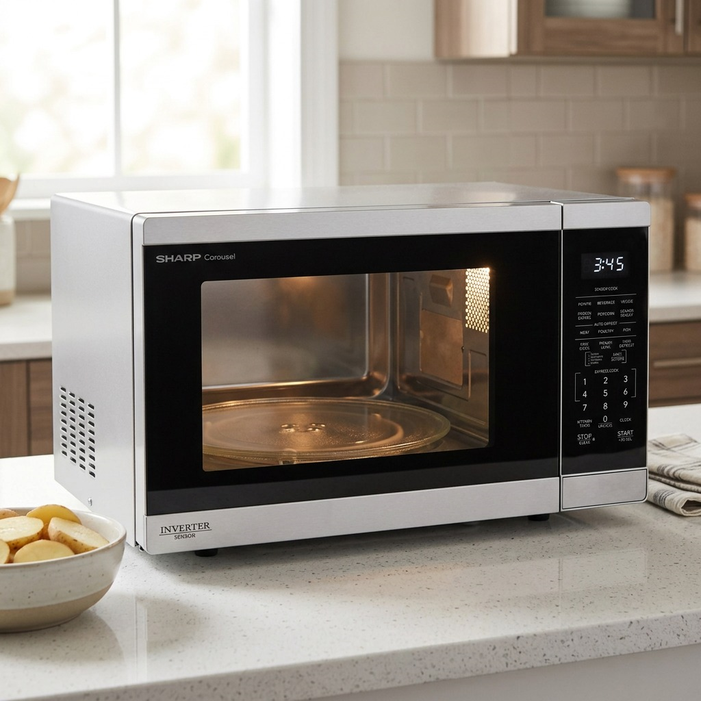 SHARP SMC1464KSC microwave carousel inverter 1.4 cu ft stainless steel. Lifestyle kitchen.