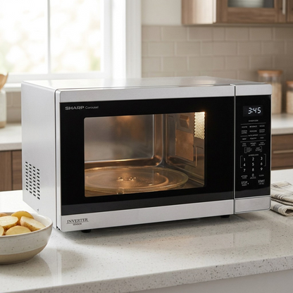 SHARP SMC1464KSC microwave carousel inverter 1.4 cu ft stainless steel. Lifestyle kitchen.
