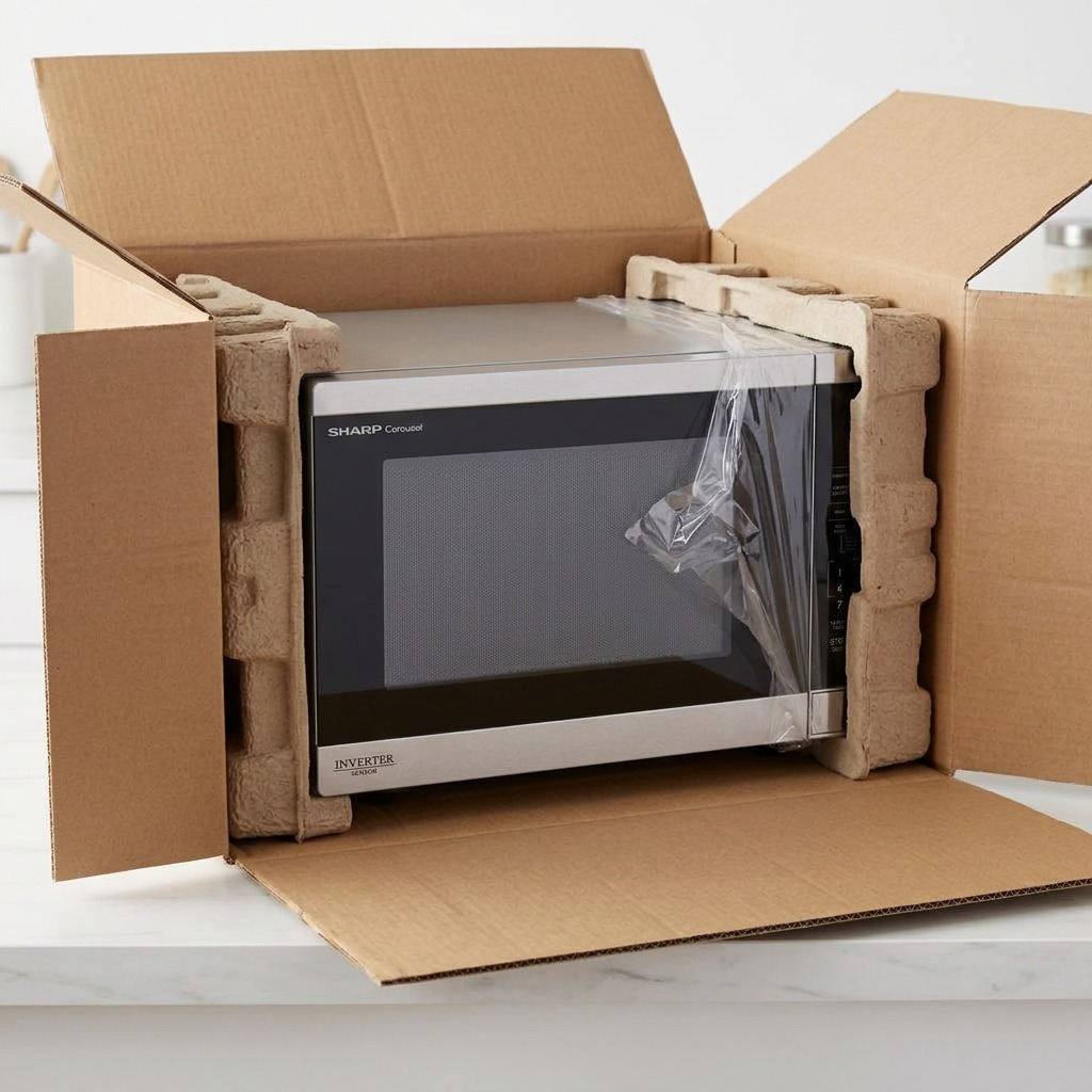 A realistic photo of the Sharp SMC1464KSC microwave being securely unboxed on a wooden countertop.