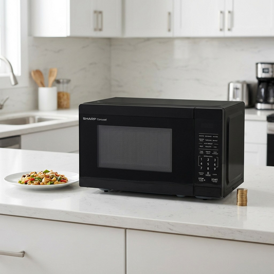 A realistic scene of the black microwave on a kitchen counter, relative to everyday objects.