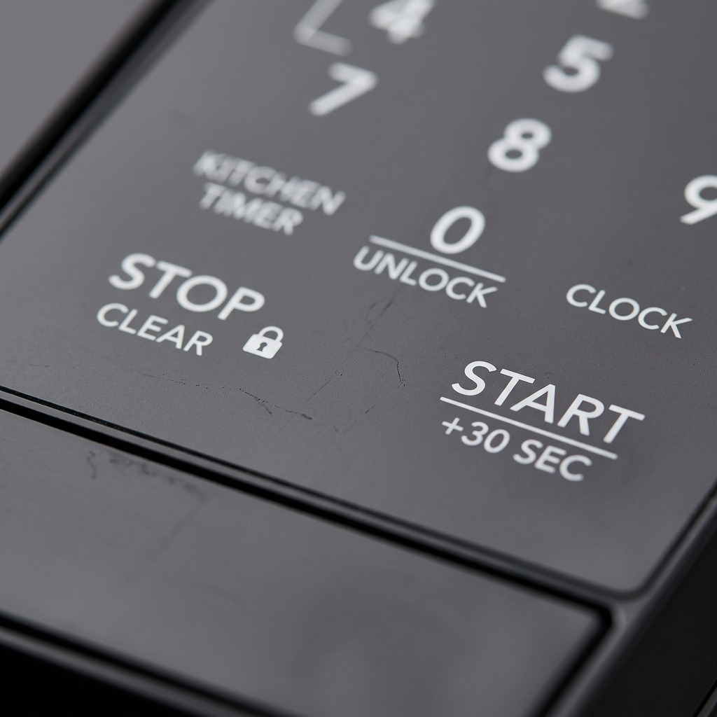 Extreme close-up view focusing on the primary START +30 SEC and STOP CLEAR buttons on the control panel, with clear print and text and shallow depth of field.