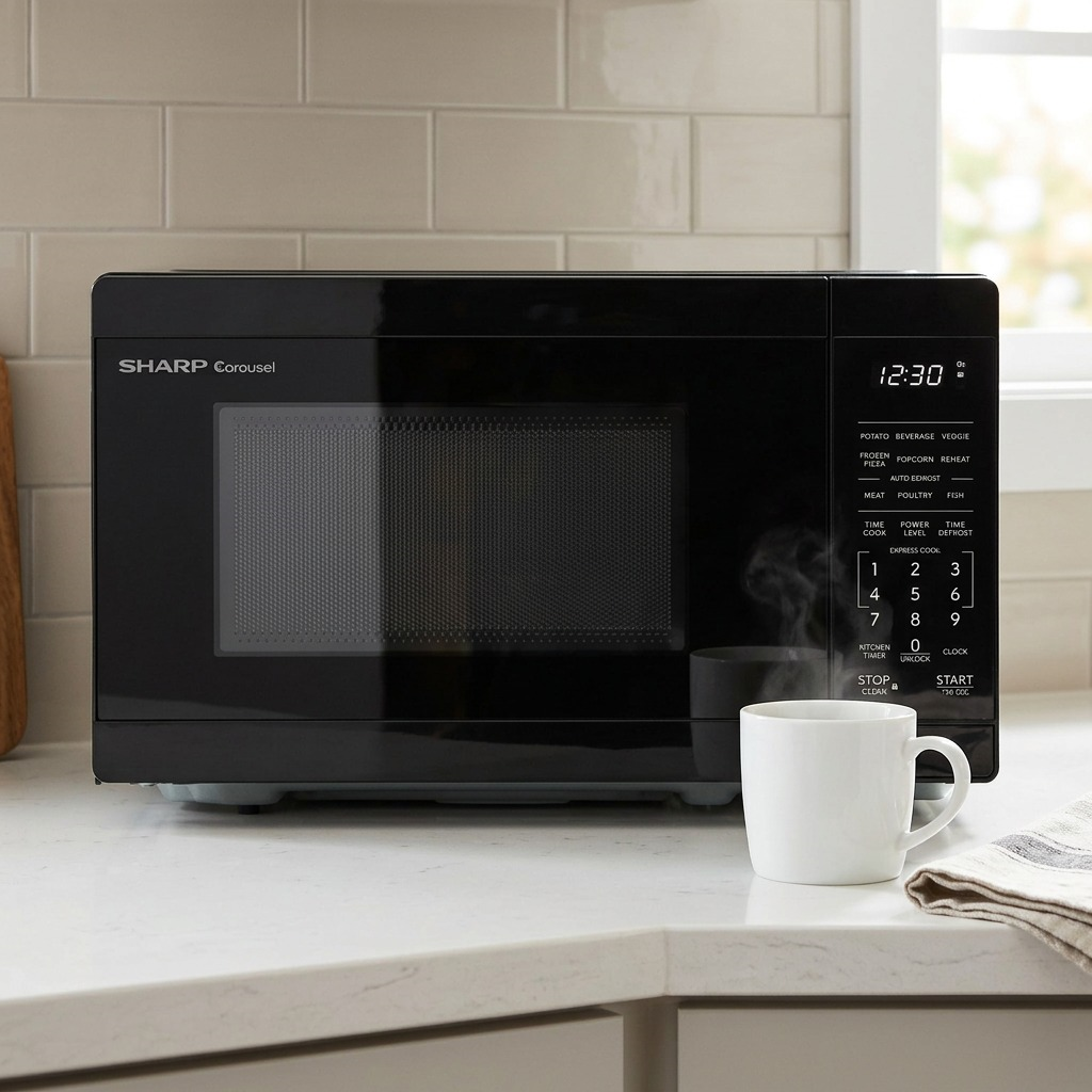 A lifestyle photograph of the black Sharp SMC0760KBC microwave on a kitchen counter, next to a steaming white mug.