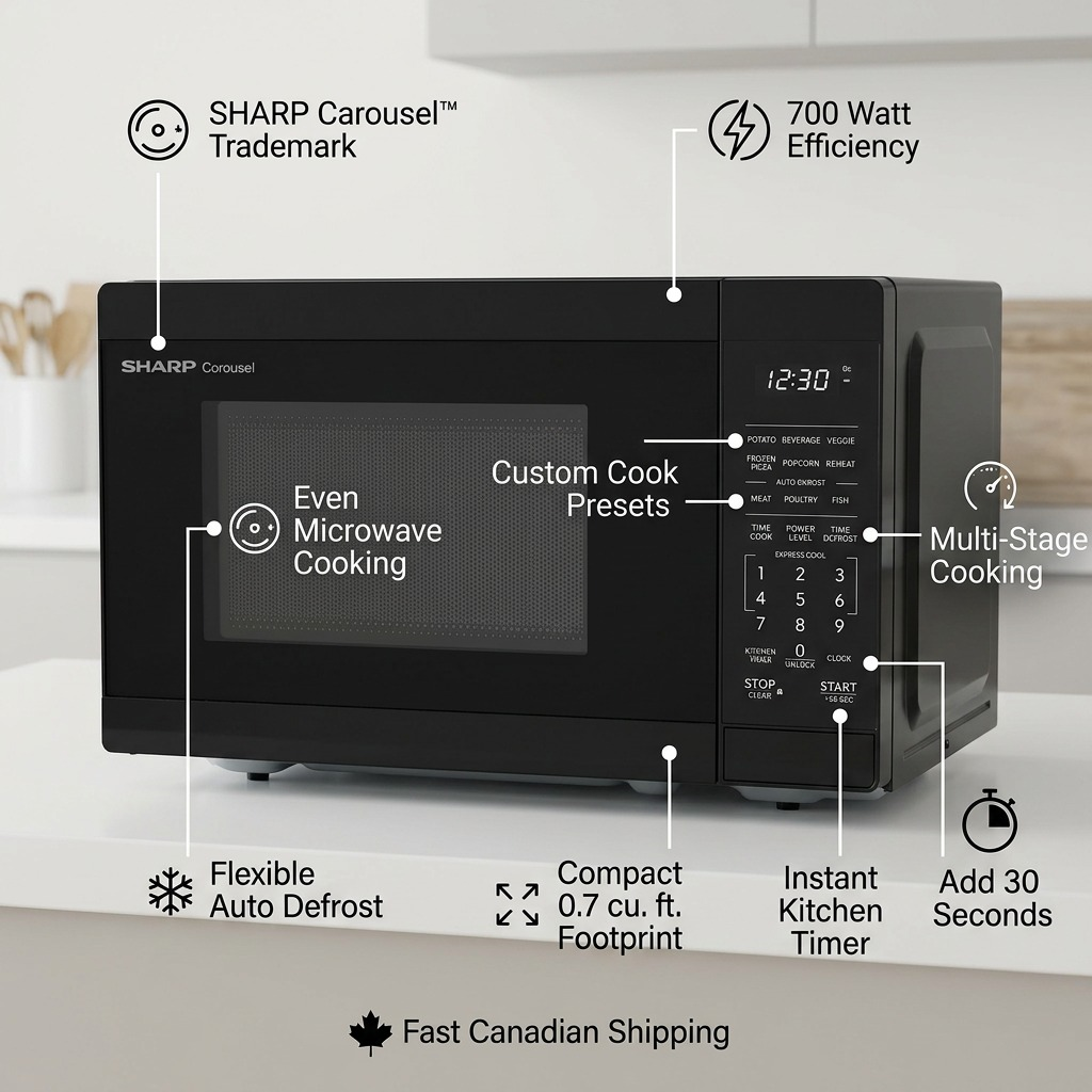 Visual matrix for SHARP SMC0760KBC microwave showing callouts for Carousel Turntable, 700W Power, and Kitchen Timer.