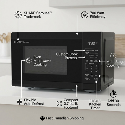Visual matrix for SHARP SMC0760KBC microwave showing callouts for Carousel Turntable, 700W Power, and Kitchen Timer.