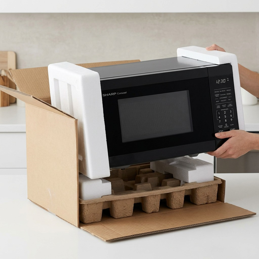 A SHARP microwave securely packed in cardboard and foam padding being lifted out during unboxing.