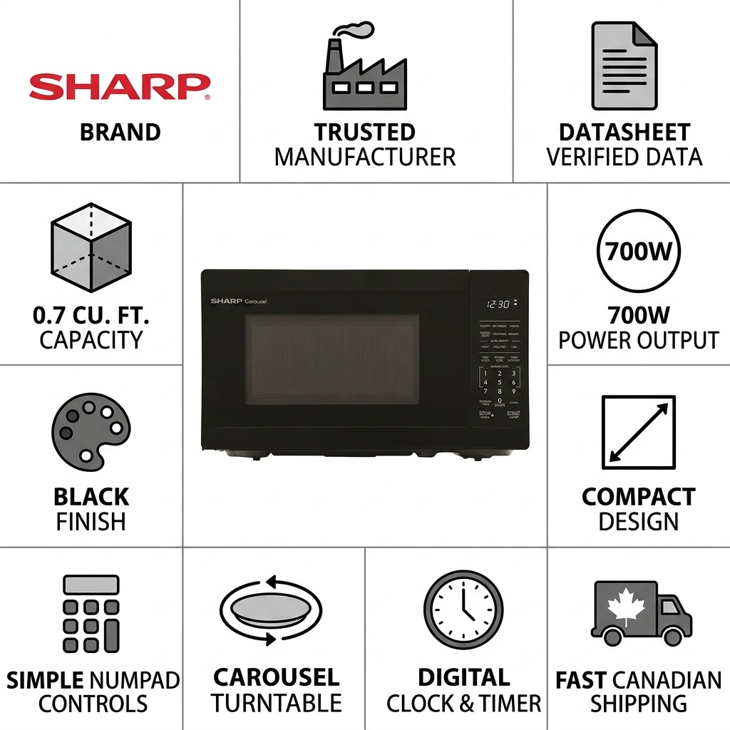 Infographic matrix highlighting reliability and trust features of the Sharp SMC0760KBC microwave.