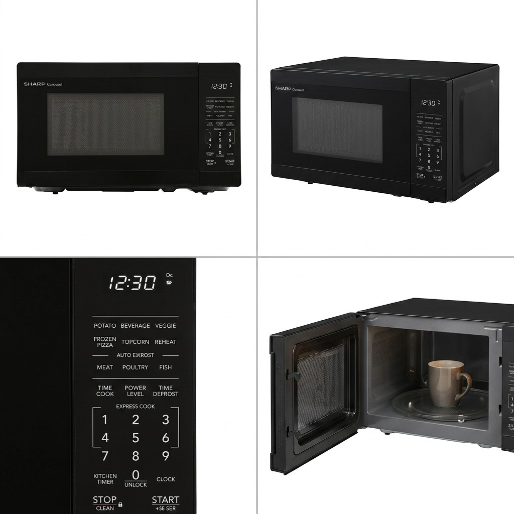 Visual matrix grid showing the Sharp SMC0760KBC microwave from four angles with doors closed/open.